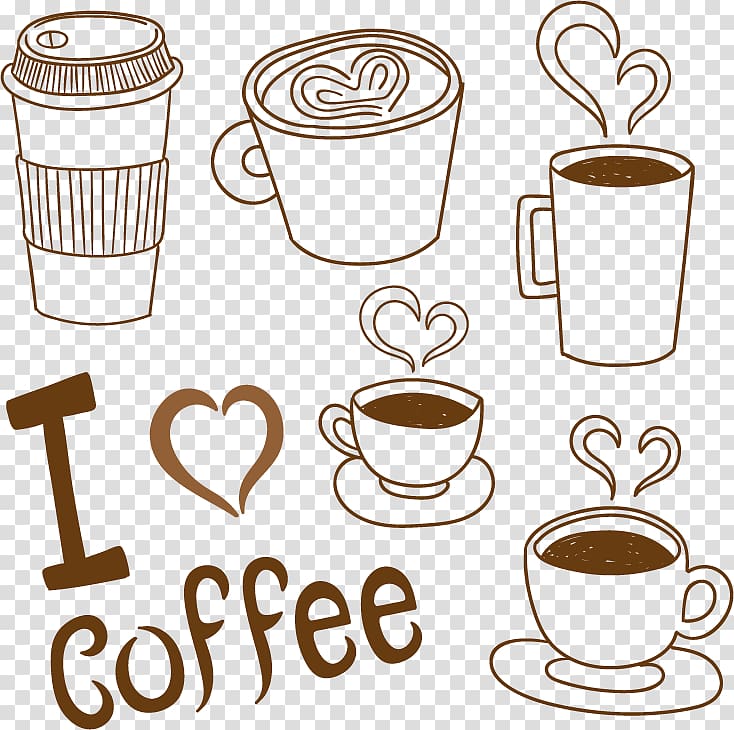 i love coffee mugs and cup illustration, Turkish coffee Tea Latte Cafe, Coffee material transparent background PNG clipart