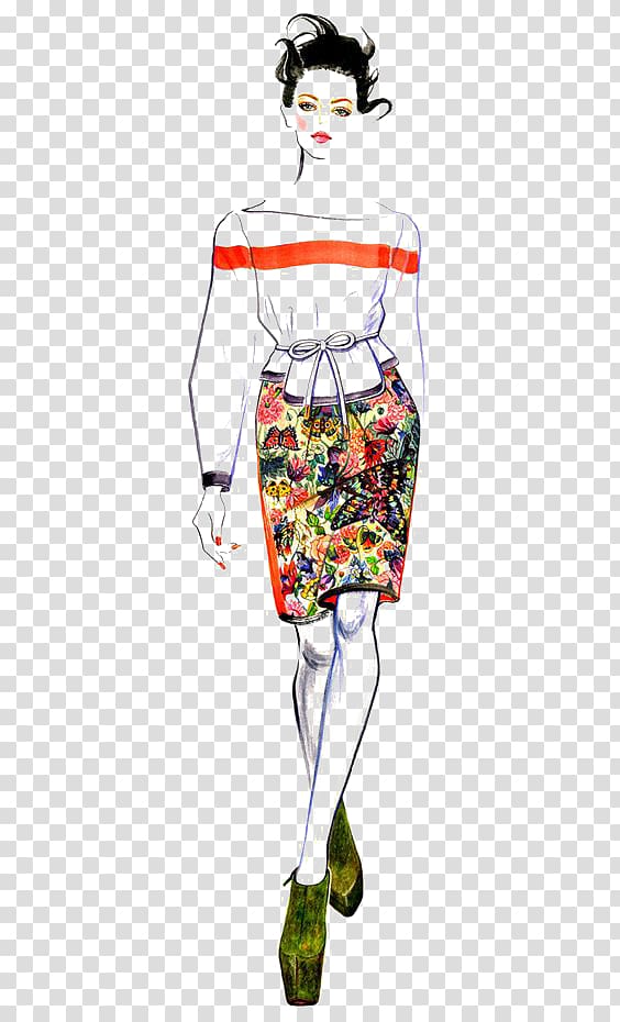 woman wearing dress art, Chanel Fashion illustration Runway Illustration, Catwalk woman transparent background PNG clipart
