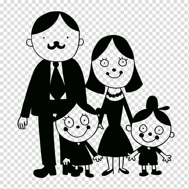 Family Drawing Illustration, Black and white cartoon family of four transparent background PNG clipart