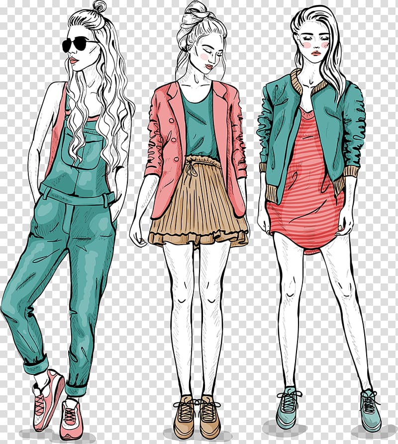 three girls wearing green and red apparels illustrations, Fashion Model Fashion Model Woman, model transparent background PNG clipart
