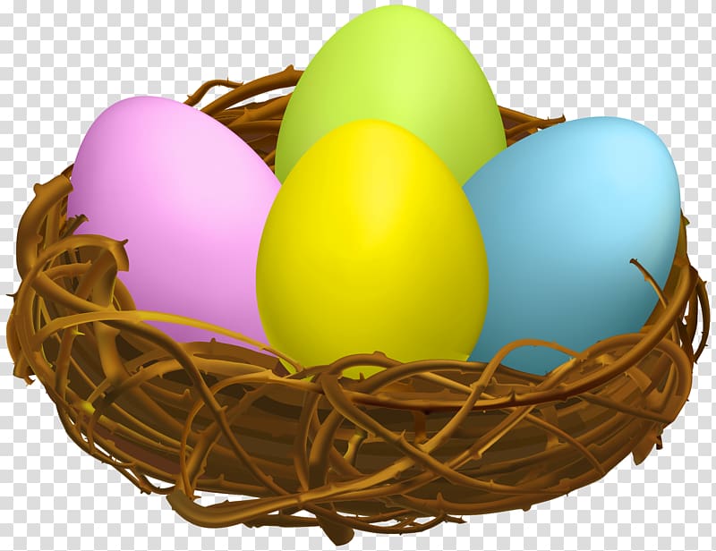 yellow, purple, green, and blue eggs on nest illustration, Bird Nest Egg Chicken , Easter Egg Nest transparent background PNG clipart