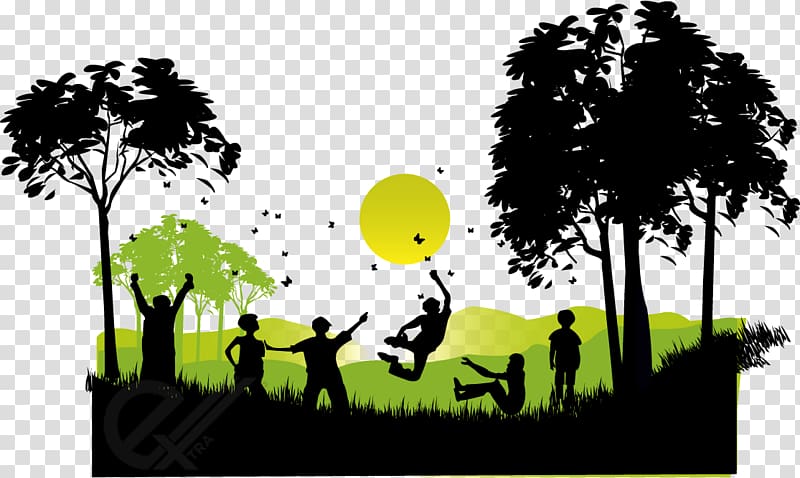 silhouette of people on forest, Child Play , Children playing silhouettes transparent background PNG clipart