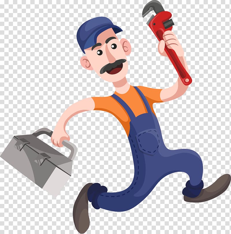 man with pipe wrench and tool box art, Plumber Plumbing Tool Boxes Cartoon , plumber transparent background PNG clipart