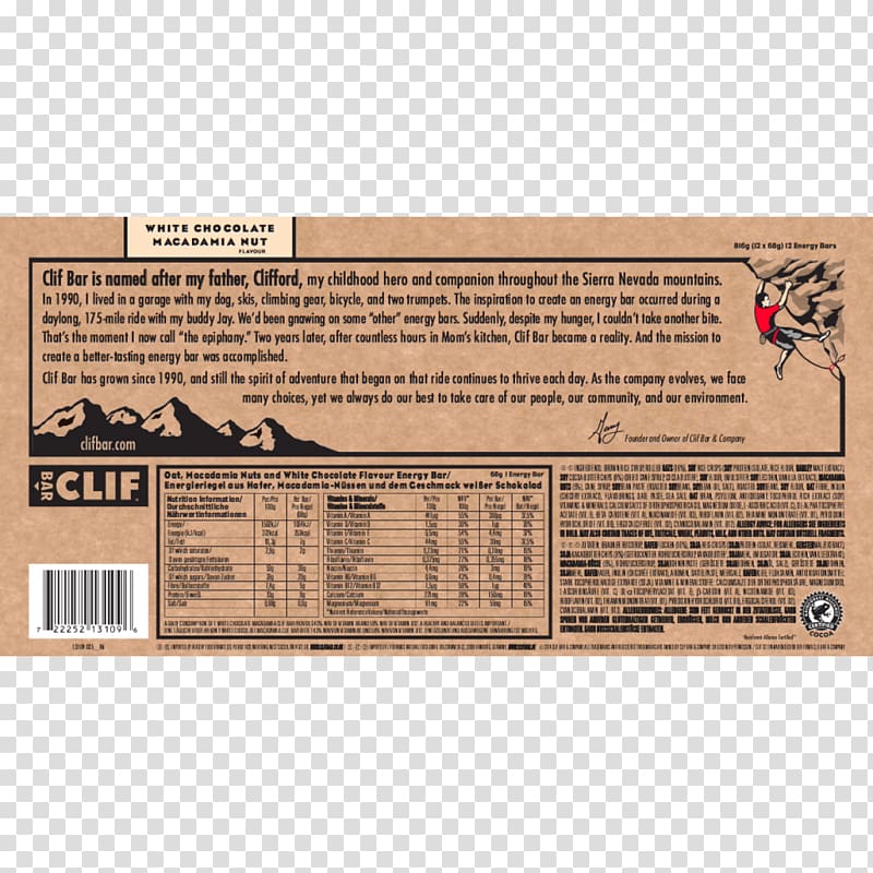 Chocolate brownie Clif Bar & Company Nutrition facts label Energy Bar, chocolate transparent background PNG clipart