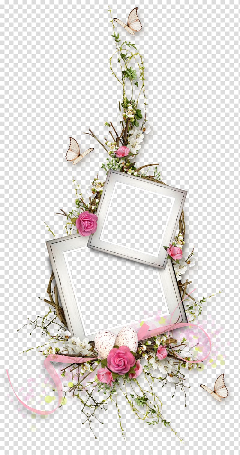 Pink flowers Floral design, Butterfly flower vine border, two white frames surrounded by pink and white flowers transparent background PNG clipart