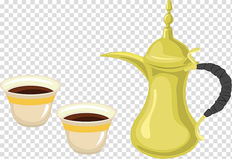 gold Middle Eastern pot with cups art, Arabic coffee Turkish coffee Cafe Arabic tea, Coffee transparent background PNG clipart