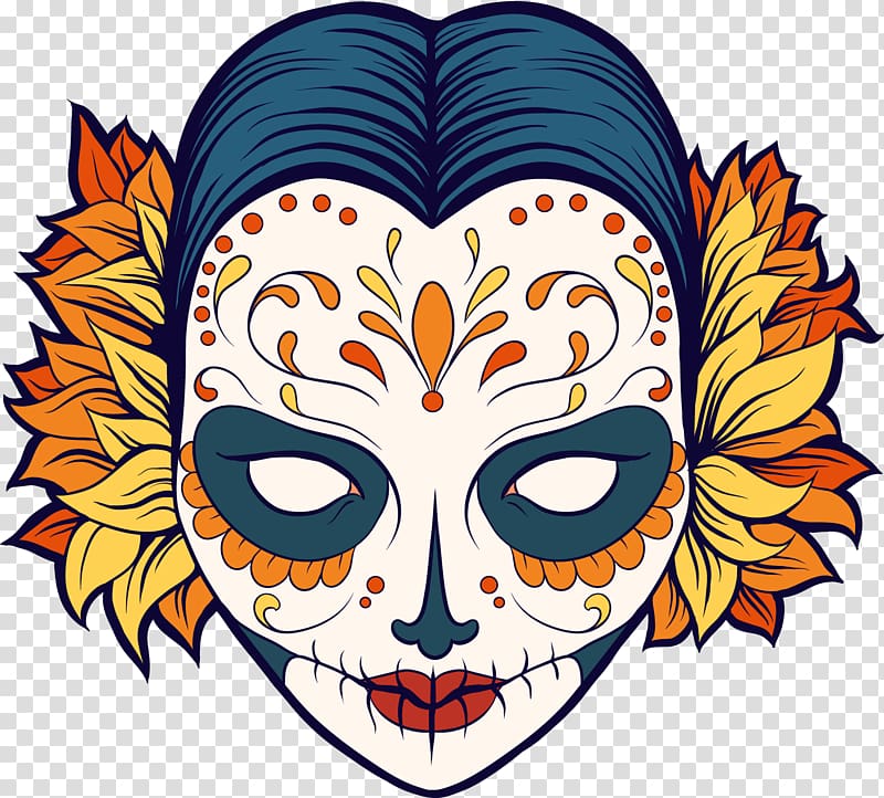 white mask illustration, La Calavera Catrina Mexican cuisine Day of the Dead Coloring book, Funny Makeup transparent background PNG clipart