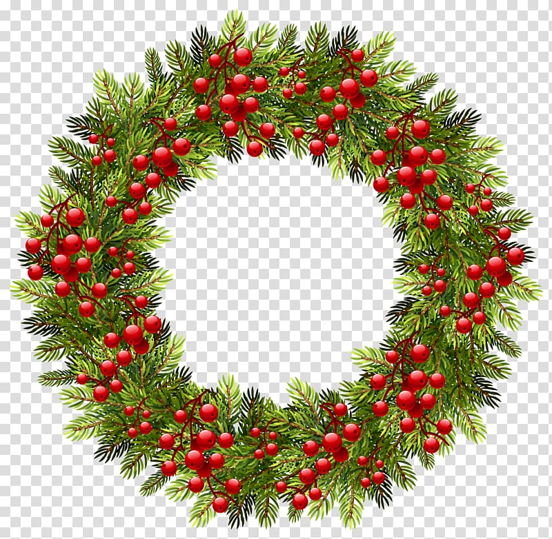 round green wreath with red raspberry, Wreath Christmas decoration , Green Christmas Pine Wreath transparent background PNG clipart