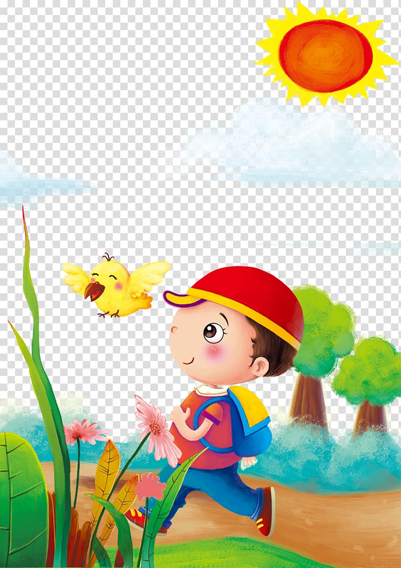 boy walking under sunny day, Child Student Illustration, Children go to school transparent background PNG clipart
