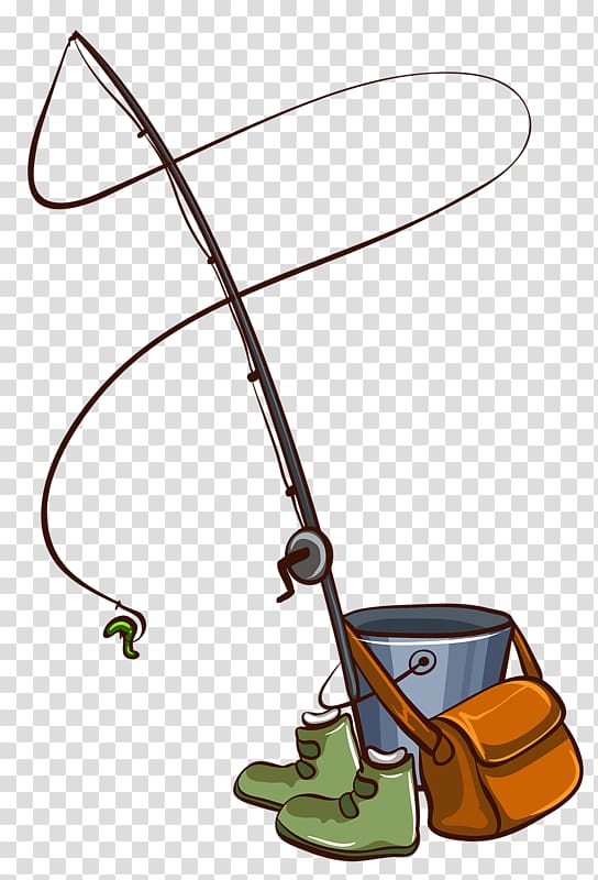 brown bag on gray bucket with black fishing rod on side beside pair of green shoes, Fishing rod , Fishing rods transparent background PNG clipart