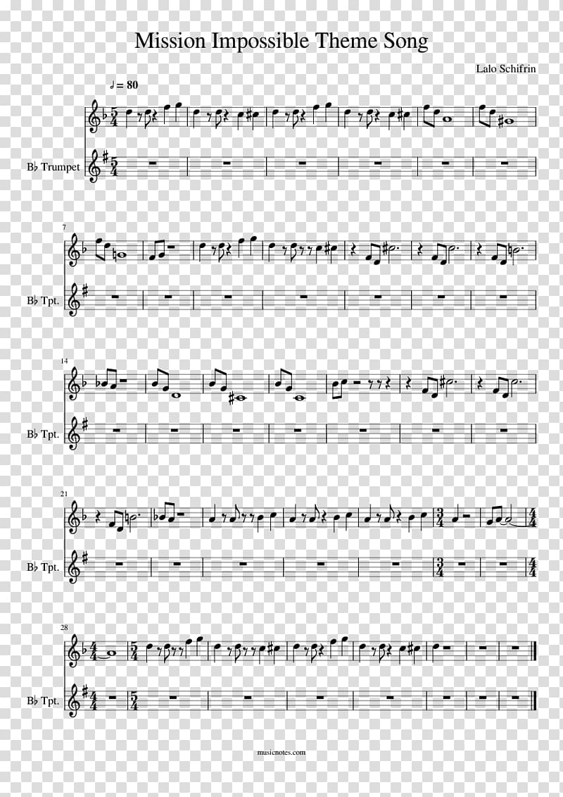 Sheet Music Trumpet Song Theme from Mission: Impossible, sheet music transparent background PNG clipart