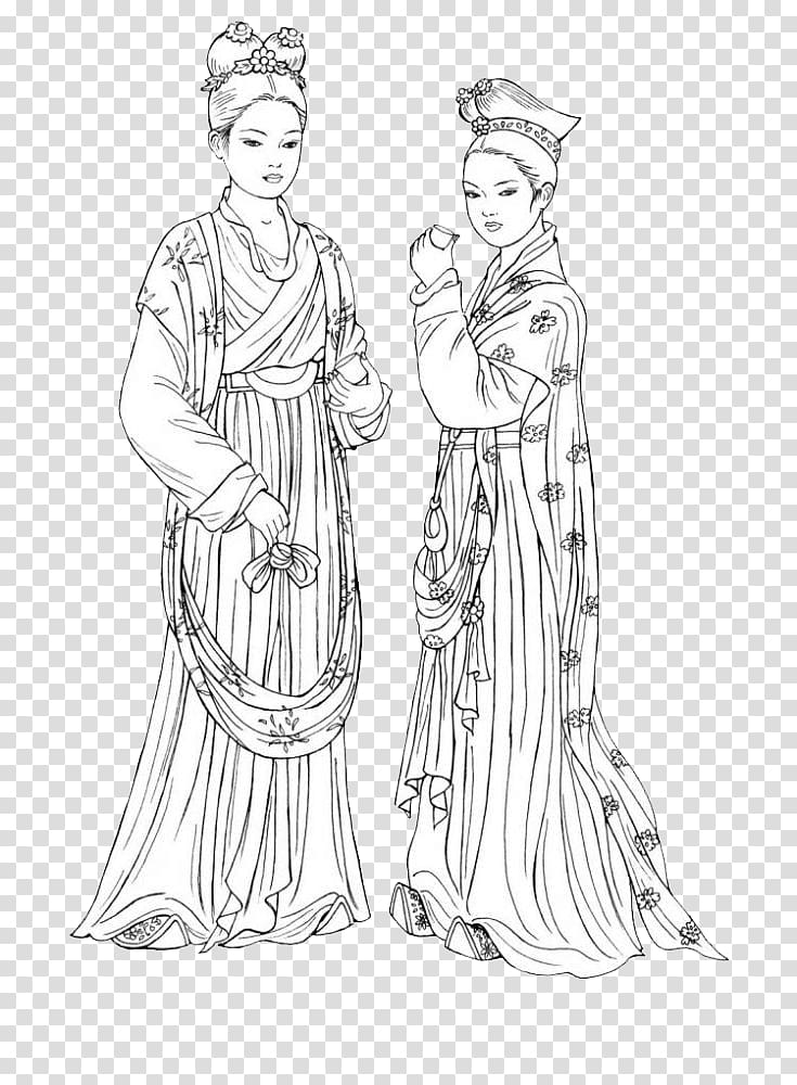 Tang dynasty Chinese Fashions Coloring book Chinese clothing, Tang Women transparent background PNG clipart