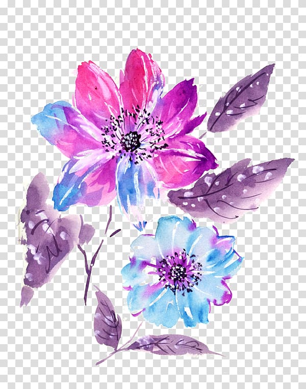 pink and blue petaled flower art, Floral design Watercolor painting Watercolour Flowers, painting transparent background PNG clipart