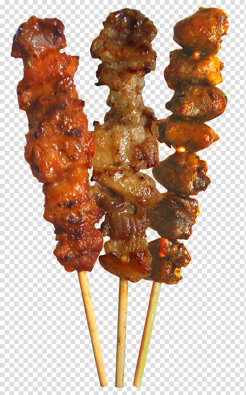 three barbeque sticks, Barbecue Chuan Skewer Satay, Delicious grilled chicken transparent background PNG clipart