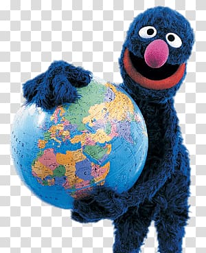 blue puppet holding desk globe , Sesame Street Grover and Globe transparent background PNG clipart