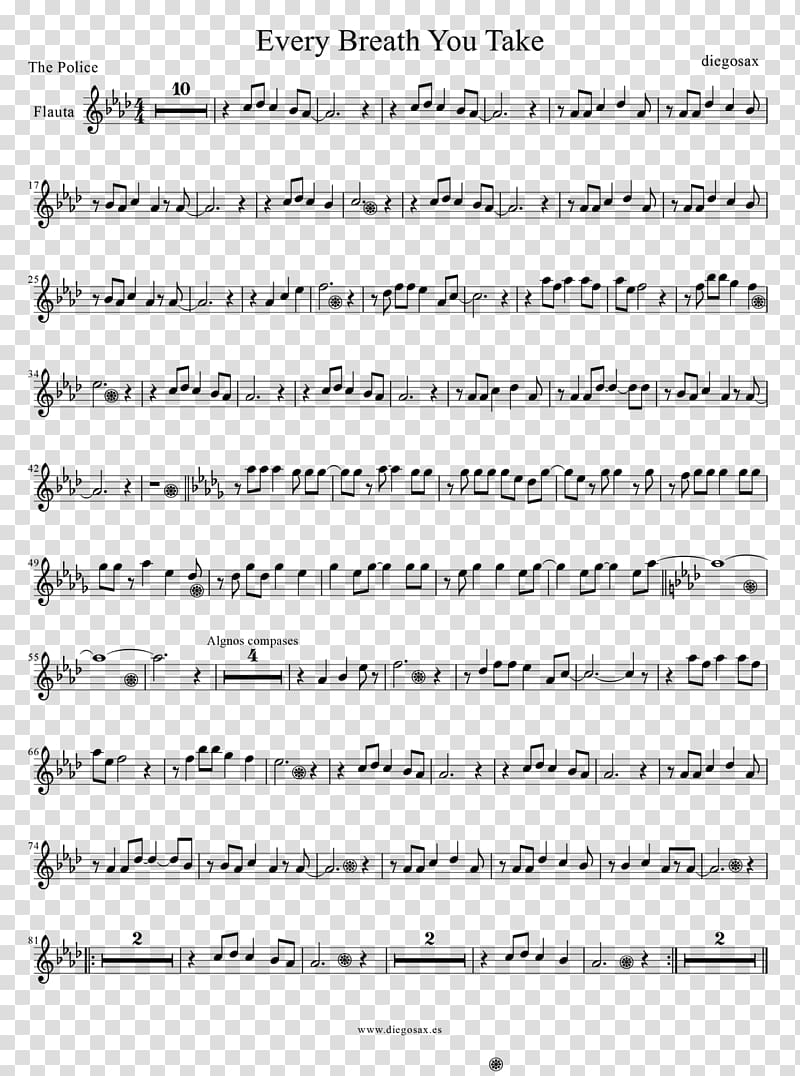 Every Breath You Take Sheet Music Violin Saxophone Flute, sheet music transparent background PNG clipart