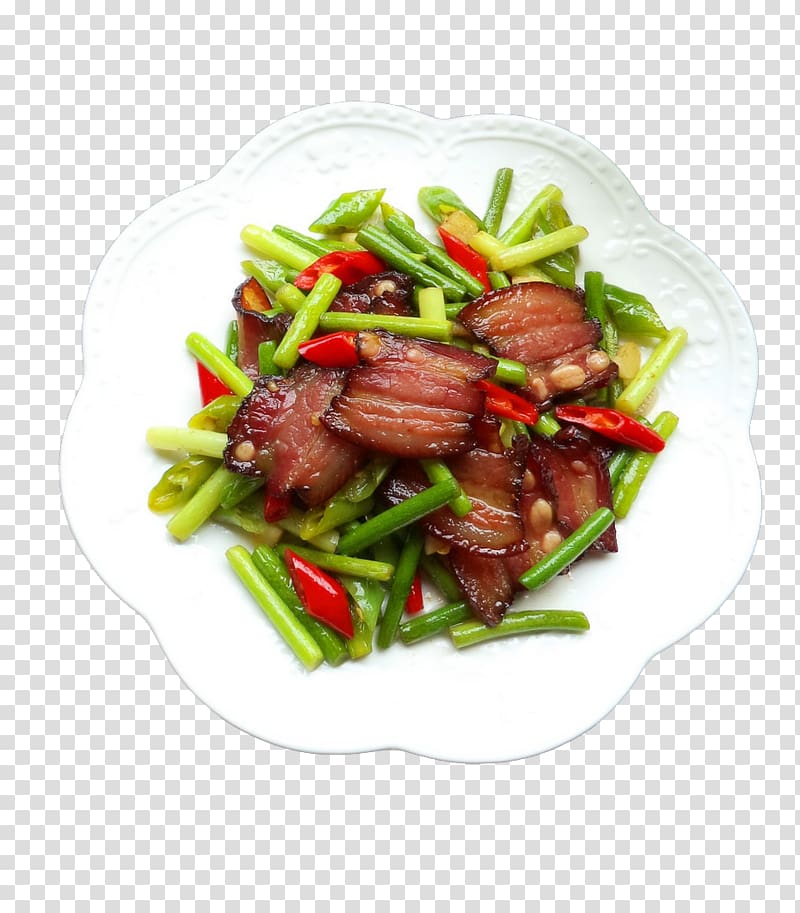 Twice cooked pork Bacon Chili con carne Garlic Curing, Garlic peppers fried bacon transparent background PNG clipart