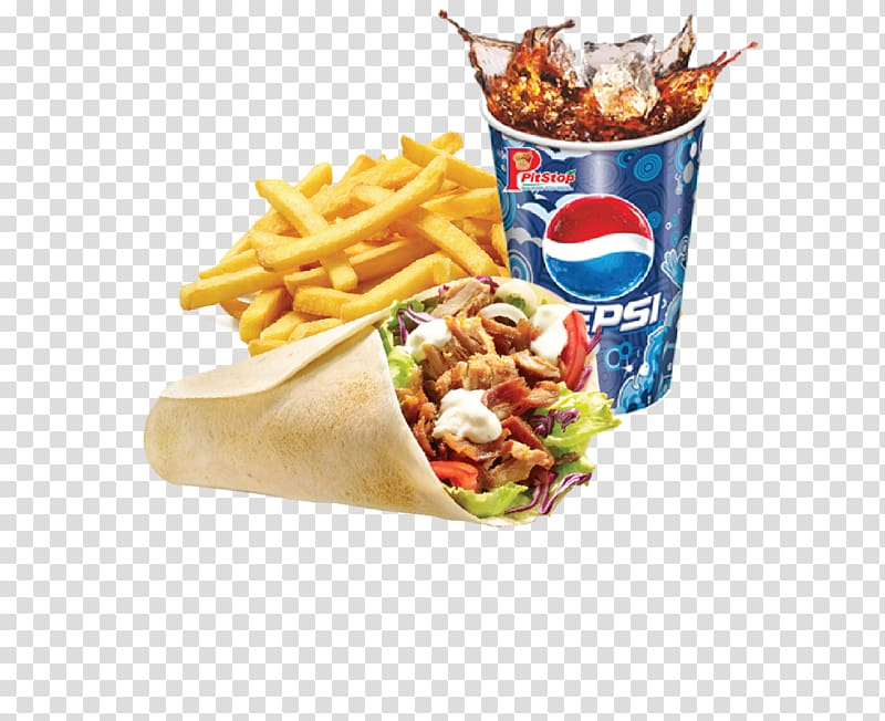 cup of Pepsi with fries, French fries Shawarma Fast food Vegetarian cuisine Junk food, kebab transparent background PNG clipart
