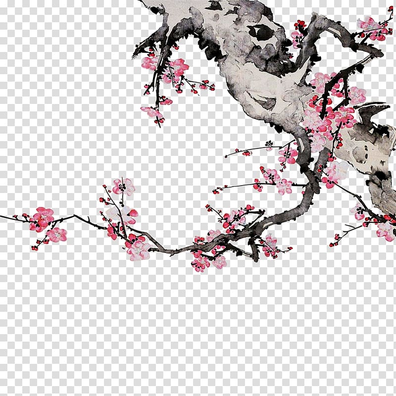 Ink wash painting Plum blossom, Plum flower transparent background PNG clipart