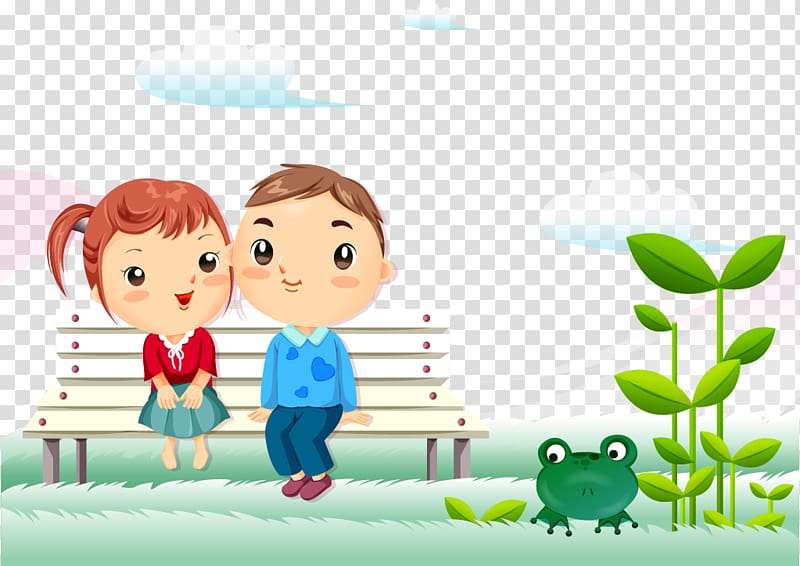 girl and boy sitting on bench , Animation Cartoon couple Love , Fresh cute cartoon child seat tree frog transparent background PNG clipart