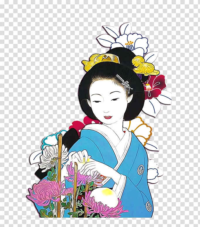 Tsukuda Japanese art Illustrator Printmaking Illustration, Kimono girl illustration design transparent background PNG clipart