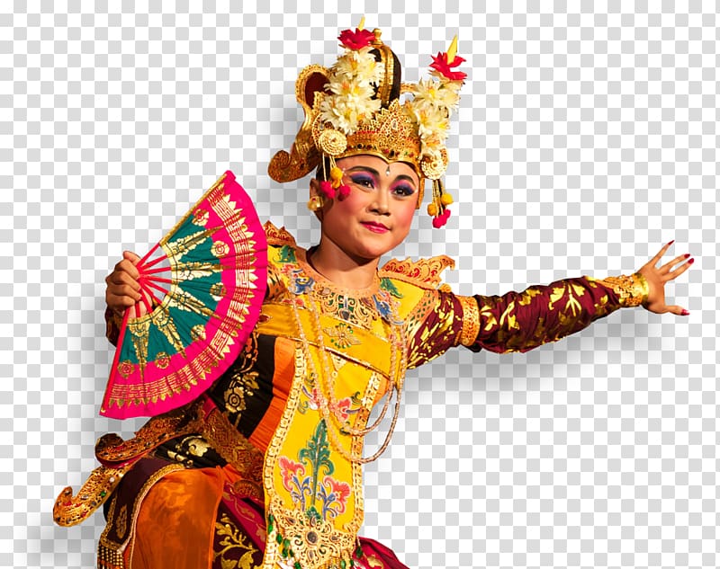 woman in yellow and multicolored long-sleeved dress holding fan, Balinese people Legong Dance PuSh International Performing Arts Festival, dancing transparent background PNG clipart