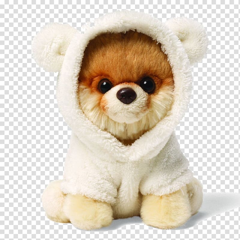 tan and white Pomeranian plush toy wearing white fleece bear costume, Pomeranian Boo Bear Stuffed toy Gund, Boo Dog transparent background PNG clipart