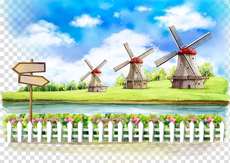 Windmill Cartoon Illustration, Fairy windmill transparent background PNG clipart