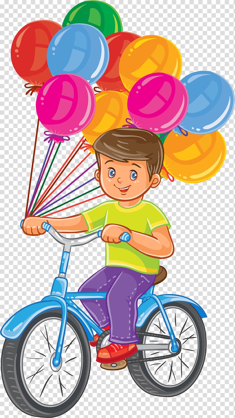 boy riding bicycle holding assorted-color balloons illustration, Bicycle Cycling Illustration, Cycling boy transparent background PNG clipart