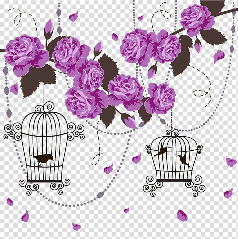 purple flowers illustration, Rose Color Drawing, Purple elegant element cage transparent background PNG clipart
