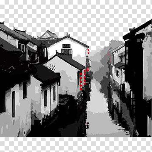 Paint by number Oil painting Oil painting, Jiangnan wind ink town transparent background PNG clipart