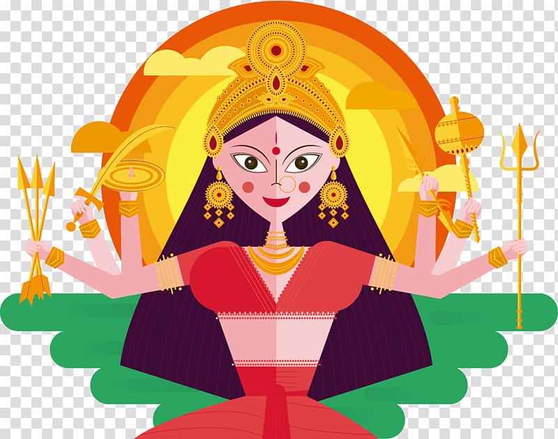 Hindu deity illustration, India Durga Puja Navaratri Thai Pongal Diwali, six-armed goddess transparent background PNG clipart