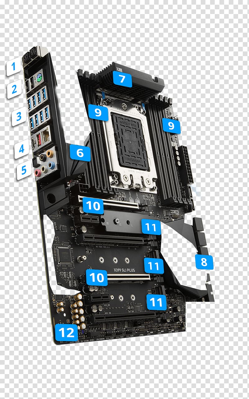 Computer System Cooling Parts Motherboard Mainboard MSI X399 SLI PLUS PC base AMD TR4 Form factor ATX Socket TR4 Scalable Link Interface, PS/2 Port transparent background PNG clipart