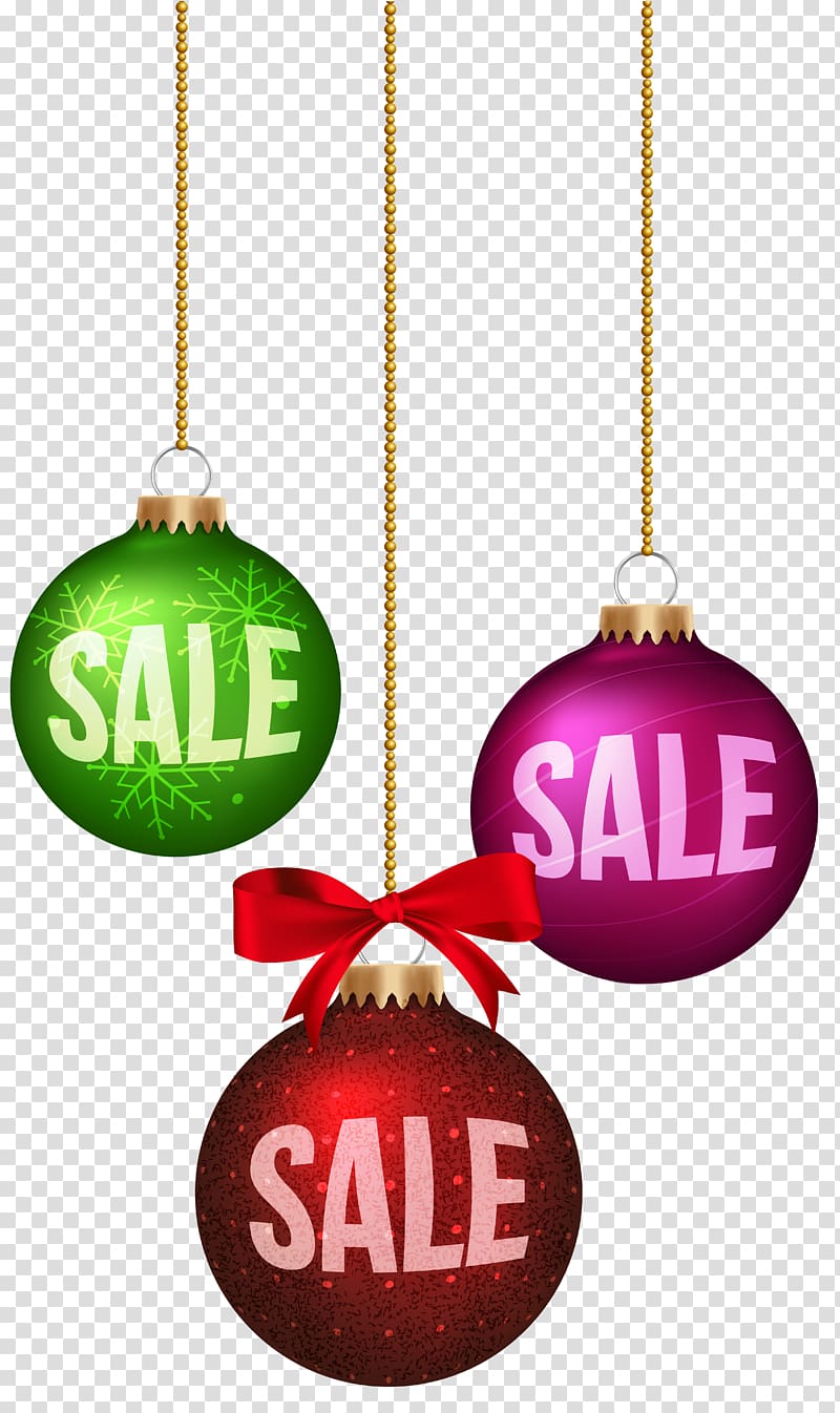 three assorted-color sale bauble , Christmas ornament Christmas Day Candy cane Santa Claus , Christmas Balls Sale Decoration transparent background PNG clipart