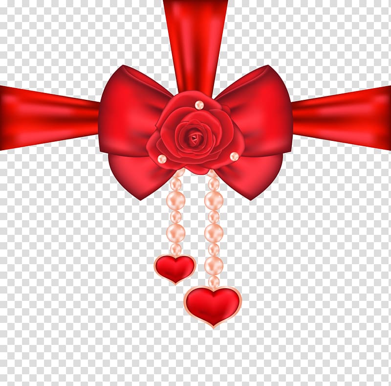 red ribbon bow, heart, and rose illustration, Heart Valentine\'s Day Rose , Red Decorative Bow with Rose and Hearts transparent background PNG clipart