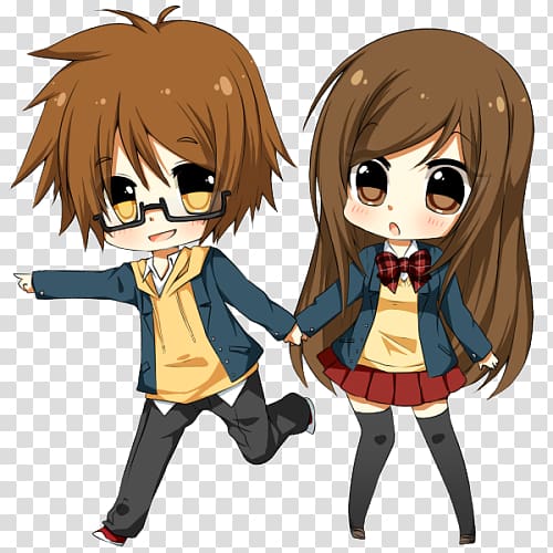 brown haired male and female anime character illustrations, Chibi Drawing Anime couple, Chibi transparent background PNG clipart