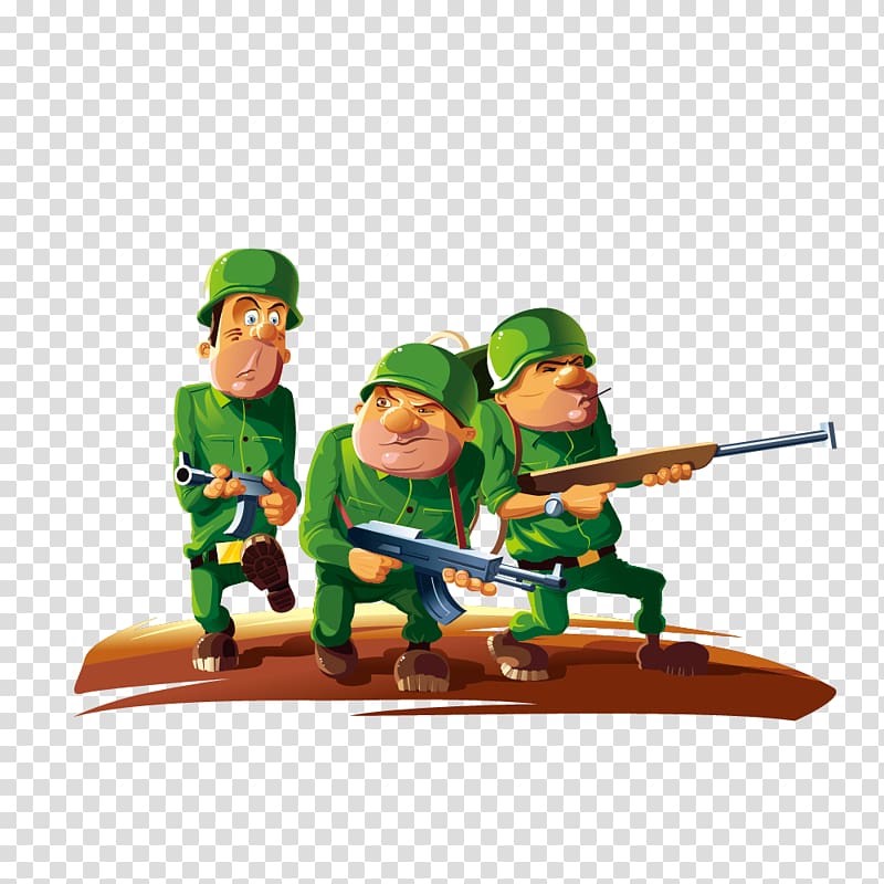Soldiers at War Cartoon , Ported three soldiers on patrol transparent background PNG clipart