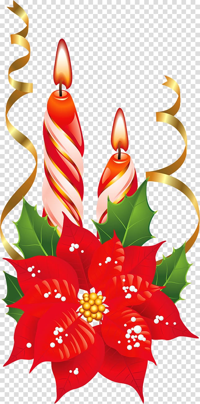 of red candles, Poinsettia Christmas Flower , Red and White Christmas Candles with Poinsettia transparent background PNG clipart
