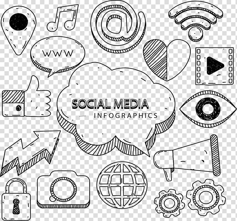black background with social media text overlay, Social media marketing Infographic Euclidean Icon, Hand-painted social media transparent background PNG clipart
