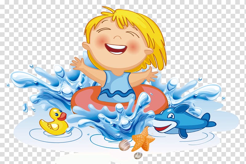 kid in orange water float near duck toy painting, Swimming children transparent background PNG clipart
