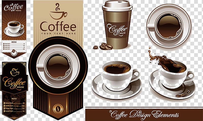 coffee design elements illustration, Coffee cup Cafe, Coffee cups and menu design material transparent background PNG clipart