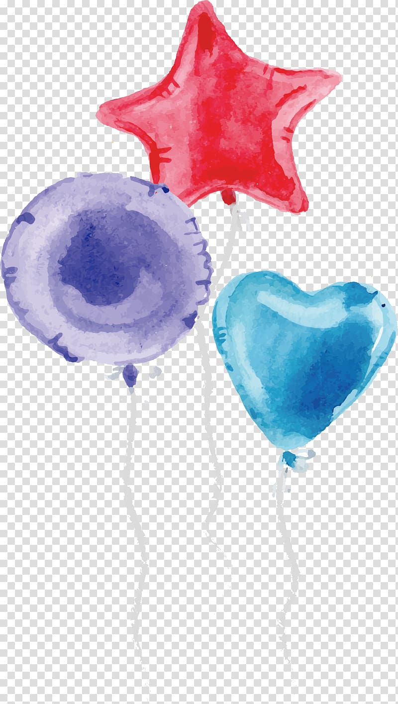 red star, blue circle, and blue hear balloons , Birthday Watercolor painting Party, Watercolor Balloon Design transparent background PNG clipart