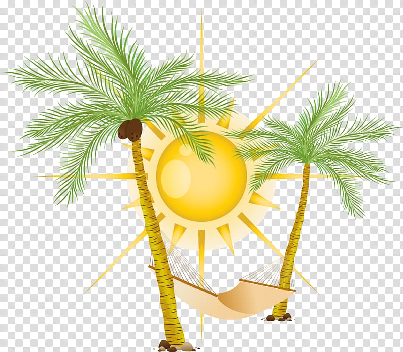 two palm trees illustration, Coco hammock sun transparent background PNG clipart