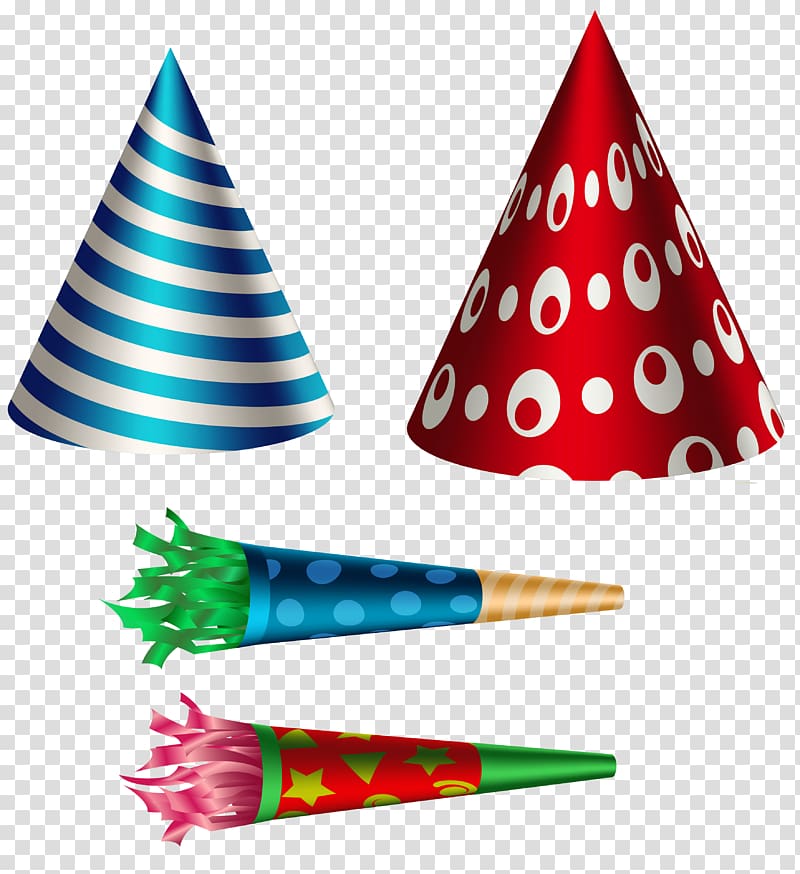 two assorted-color party hats and horns illustration, Birthday cake Creative Market , Birthday Party Set transparent background PNG clipart