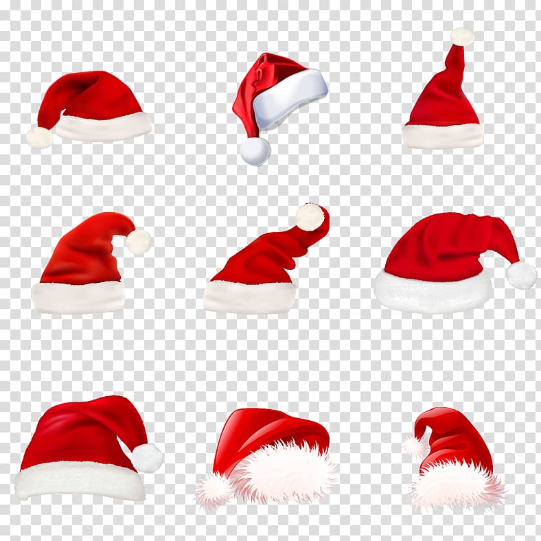 nine Christmas hats, Santa Claus Christmas, Christmas hats transparent background PNG clipart