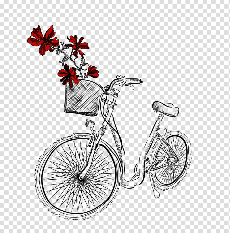 Bicycle wheel Beach rose Illustration, Hand-painted roses bike transparent background PNG clipart