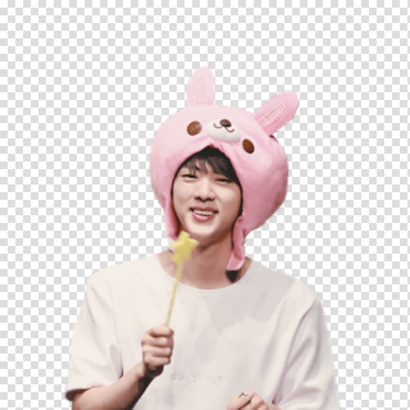 man holding star wand wearing white shirt and pink bunny hat, BTS Sticker DNA MIC Drop Wings, bts transparent background PNG clipart