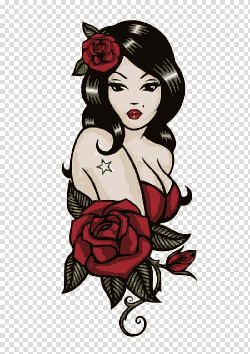 woman with red rose flowers illustration, Old school (tattoo) Pin-up girl Sailor tattoos Flash, rose leslie transparent background PNG clipart