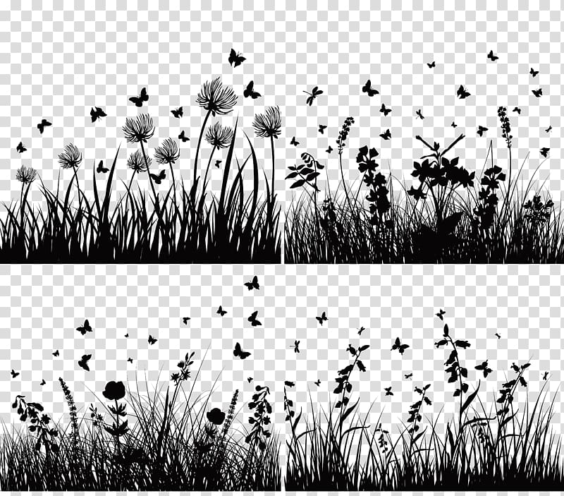 four black grass s, Flower Silhouette , Dandelion flowers and butterfly silhouettes transparent background PNG clipart