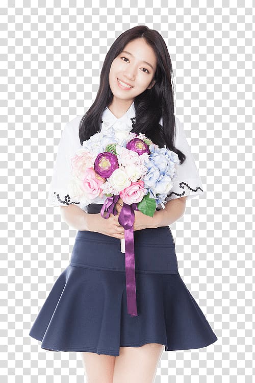 woman in white collared shirt and black peplum miniskirt, Park Shin Hye Flowers transparent background PNG clipart
